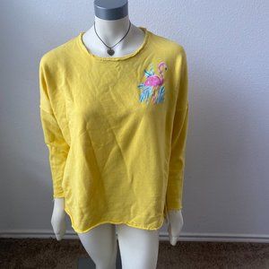 crown and ivy women's yellow sweatshirt pink flamingos size large cotton